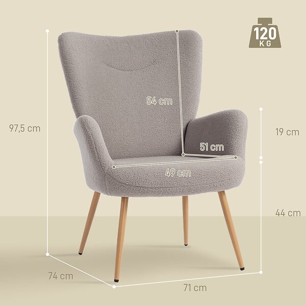 HOMCOM - Fauteuil bouclette design à oreilles piètement métal effet bois gris - large