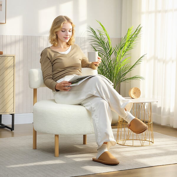 HOMCOM - Fauteuil style nordique bouclette crème assise ronde dossier ajouré bois - large
