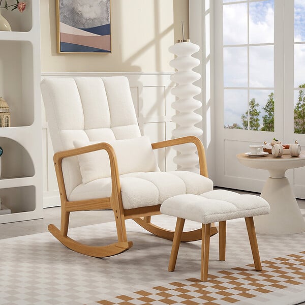 HOMCOM - Fauteuil à bascule tissu laine bouclée matelasée avec repose-pieds style nordique blanc - large