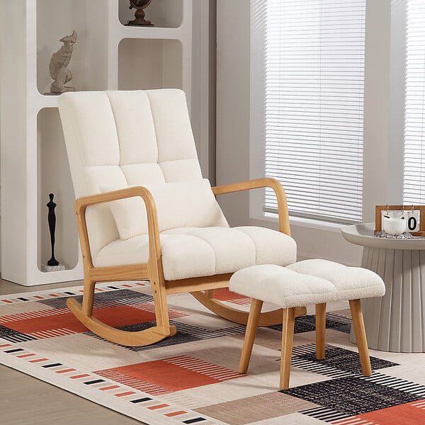 HOMCOM - Fauteuil à bascule tissu laine bouclée matelasée avec repose-pieds style nordique blanc - large