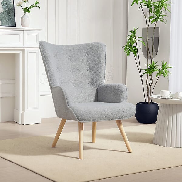HOMCOM - Fauteuil à oreilles style nordique piètement bois effet laine bouclée gris - large