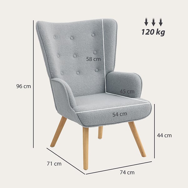 HOMCOM - Fauteuil à oreilles style nordique piètement bois effet laine bouclée gris - large