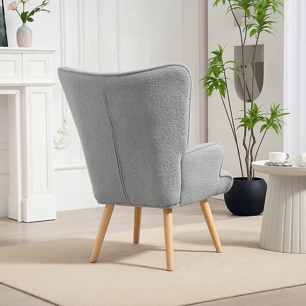 HOMCOM - Fauteuil à oreilles style nordique piètement bois effet laine bouclée gris - large