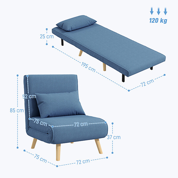 HOMCOM - Fauteuil convertible design scandinave - coussin - bois tissu bleu - large