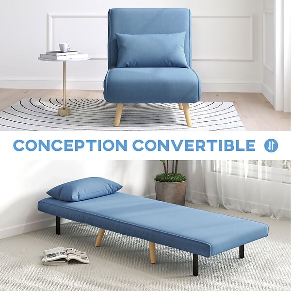 HOMCOM - Fauteuil convertible design scandinave - coussin - bois tissu bleu - large