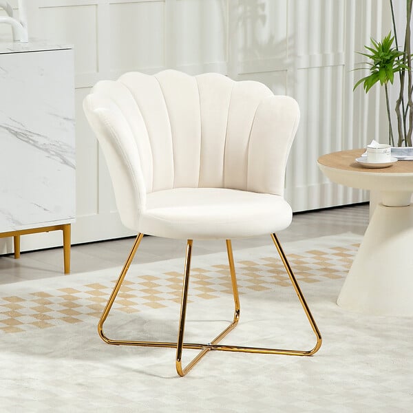HOMCOM - Fauteuil design coquillage piètement acier doré velours crème - large