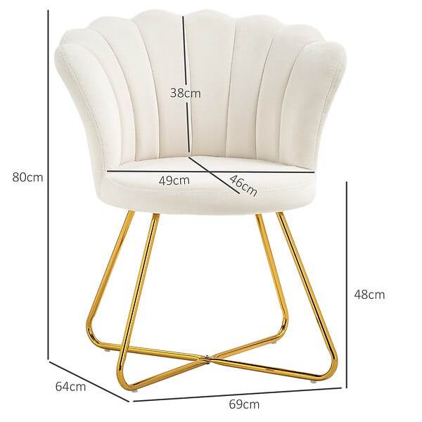 HOMCOM - Fauteuil design coquillage piètement acier doré velours crème - large