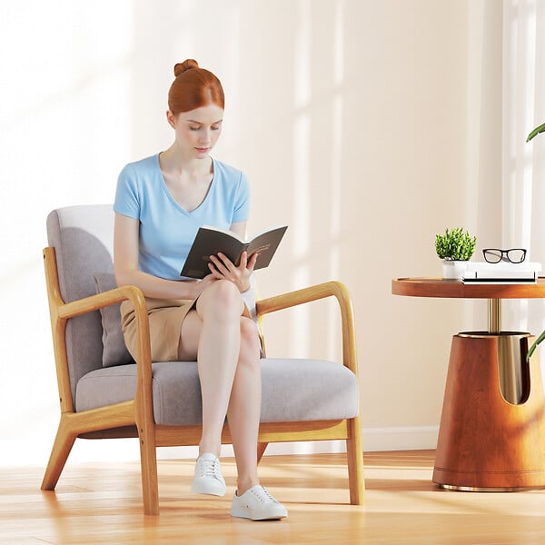 HOMCOM - Fauteuil lounge - 3 coussins inclus - assise profonde - accoudoirs - structure bois hévéa - aspect velours gris - large