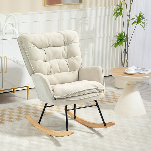 HOMCOM - Fauteuil à bascule style scandinave piètement acier noir bois hêtre tissu beige - large