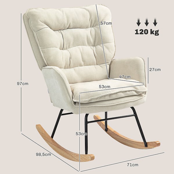 HOMCOM - Fauteuil à bascule style scandinave piètement acier noir bois hêtre tissu beige - large