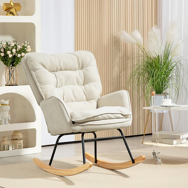 HOMCOM - Fauteuil à bascule style scandinave piètement acier noir bois hêtre tissu beige - large