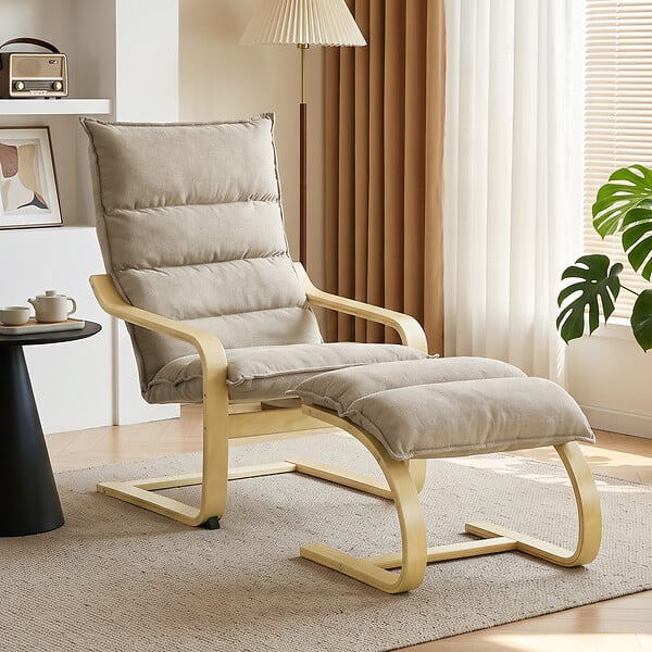 HOMCOM - Fauteuil de salon et repose-pieds style nordique bois tissu taupe clair - large
