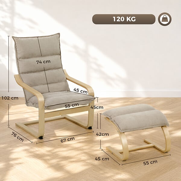 HOMCOM - Fauteuil de salon et repose-pieds style nordique bois tissu taupe clair - large