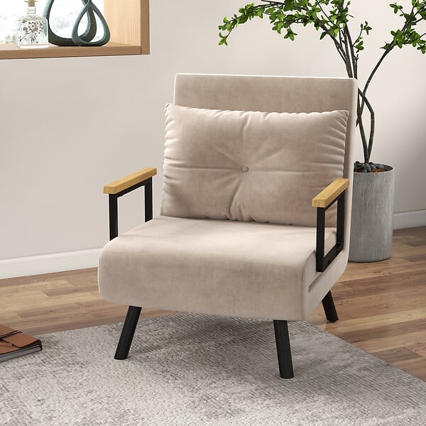 HOMCOM - Fauteuil convertible 3 en 1 chauffeuse lit dossier réglable coussin accoudoirs bois velours beige - large