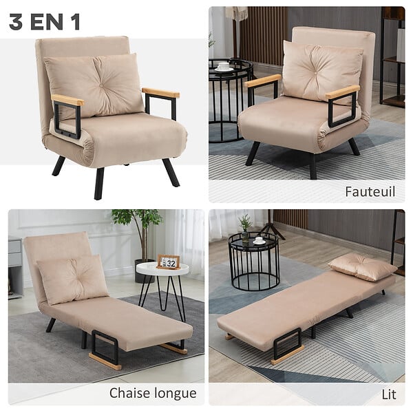 HOMCOM - Fauteuil convertible 3 en 1 chauffeuse lit dossier réglable coussin accoudoirs bois velours beige - large
