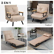 HOMCOM - Fauteuil convertible 3 en 1 chauffeuse lit dossier réglable coussin accoudoirs bois velours beige - vignette