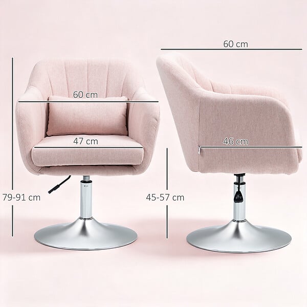 HOMCOM - Fauteuil lounge design grand confort coussins lombaires hauteur réglable pivotant 360° piètement métal chromé lin rose - large