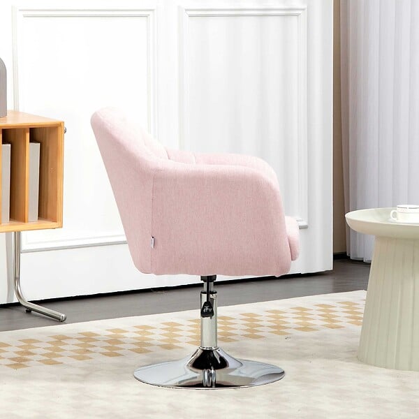 HOMCOM - Fauteuil lounge design grand confort coussins lombaires hauteur réglable pivotant 360° piètement métal chromé lin rose - large