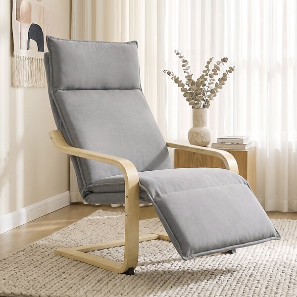 HOMCOM - Fauteuil style nordique haut dossier repose-pieds plaqué bouleau tissu gris - large
