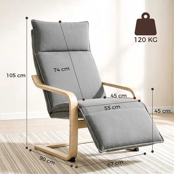 HOMCOM - Fauteuil style nordique haut dossier repose-pieds plaqué bouleau tissu gris - large