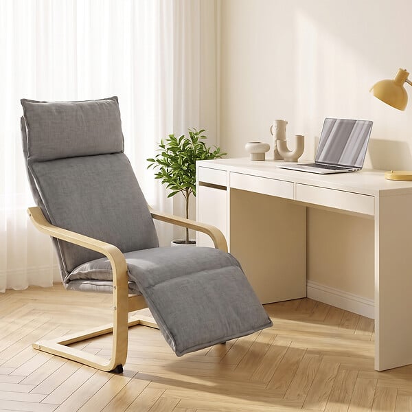 HOMCOM - Fauteuil style nordique haut dossier repose-pieds plaqué bouleau tissu gris - large