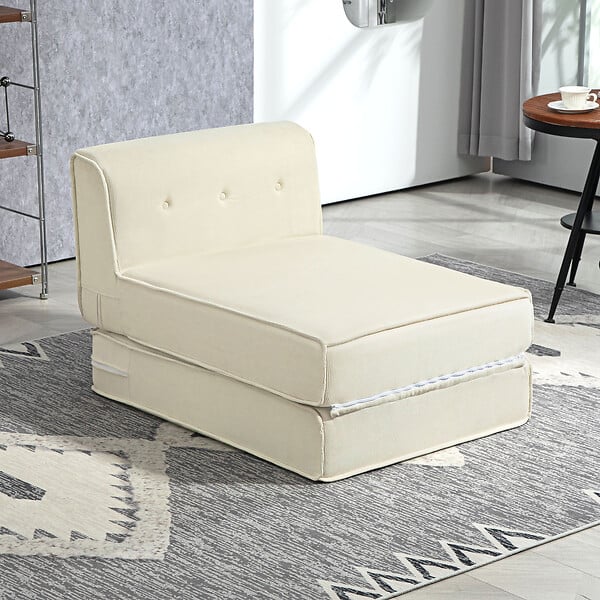 HOMCOM - Matelas lit fauteuil futon chauffeuse pliable pliant longueur 195 cm velours côtelé crème - large