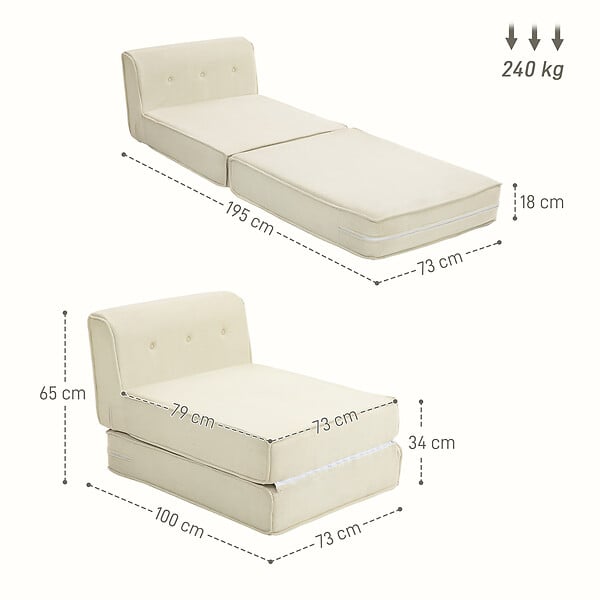 HOMCOM - Matelas lit fauteuil futon chauffeuse pliable pliant longueur 195 cm velours côtelé crème - large