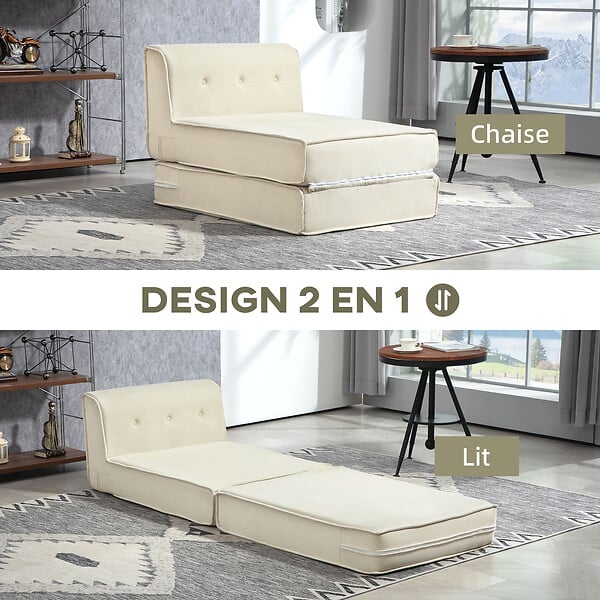 HOMCOM - Matelas lit fauteuil futon chauffeuse pliable pliant longueur 195 cm velours côtelé crème - large