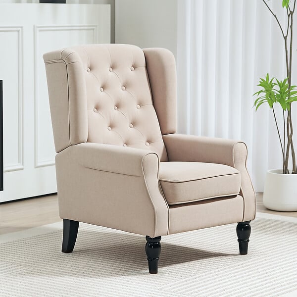 HOMCOM - Fauteuil à oreilles style Chesterfield dossier capitonné grand confort bois noir tissu beige - large
