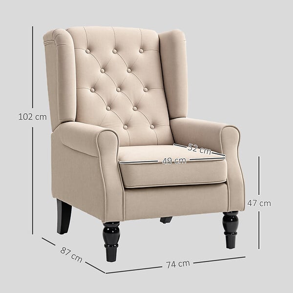 HOMCOM - Fauteuil à oreilles style Chesterfield dossier capitonné grand confort bois noir tissu beige - large