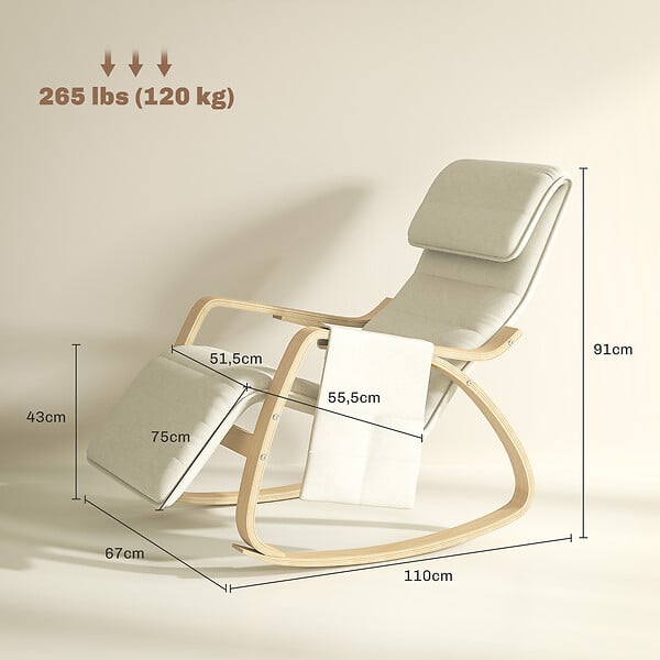 HOMCOM - Fauteuil à bascule - fauteuil relax repose-pied réglable, poche rangement, tétière - bois tissu beige clair - large