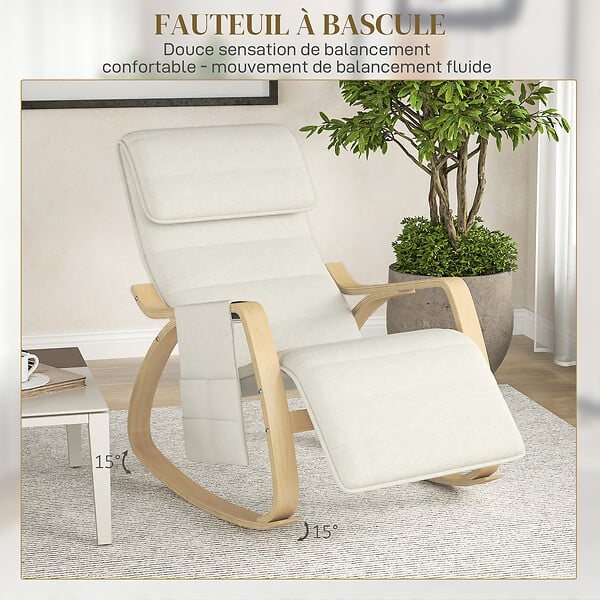 HOMCOM - Fauteuil à bascule - fauteuil relax repose-pied réglable, poche rangement, tétière - bois tissu beige clair - large