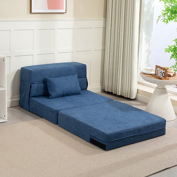 HOMCOM - Chauffeuse futon grand confort avec coussin tissu toucher lin bleu - large