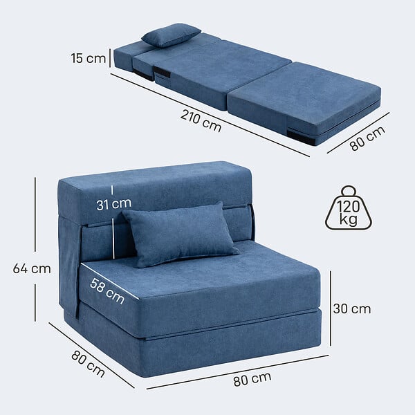 HOMCOM - Chauffeuse futon grand confort avec coussin tissu toucher lin bleu - large