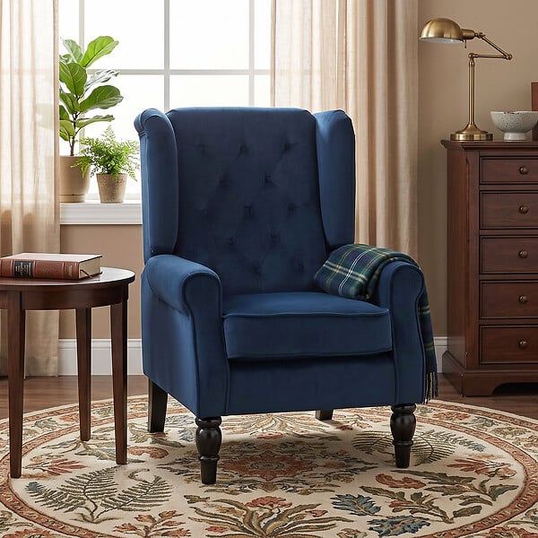 HOMCOM - Fauteuil à oreilles style Chesterfield dossier capitonné bois noir tissu bleu marine - large
