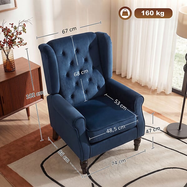 HOMCOM - Fauteuil à oreilles style Chesterfield dossier capitonné bois noir tissu bleu marine - large