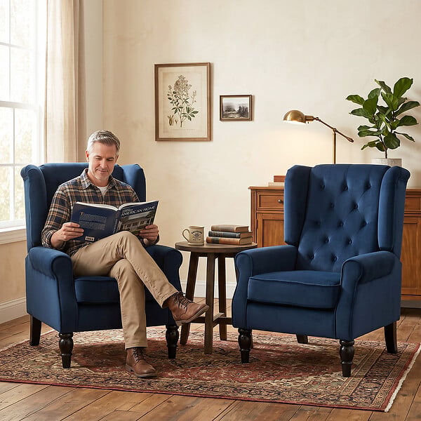 HOMCOM - Fauteuil à oreilles style Chesterfield dossier capitonné bois noir tissu bleu marine - large