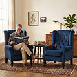 HOMCOM - Fauteuil à oreilles style Chesterfield dossier capitonné bois noir tissu bleu marine - vignette