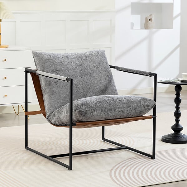 HOMCOM - Fauteuil lounge design assise suspendue PU camel acier noir velours gris clair - large