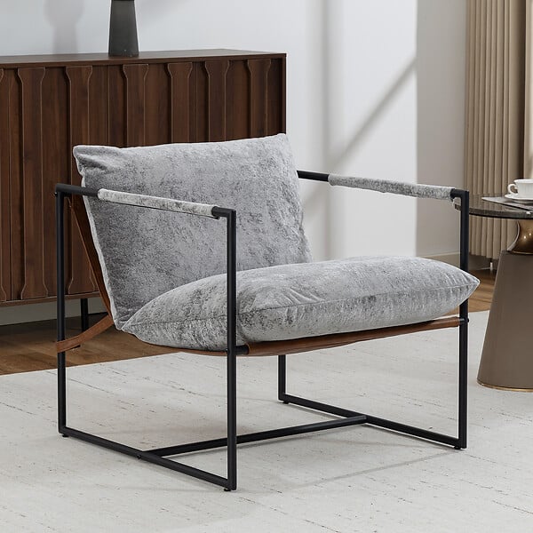 HOMCOM - Fauteuil lounge design assise suspendue PU camel acier noir velours gris clair - large