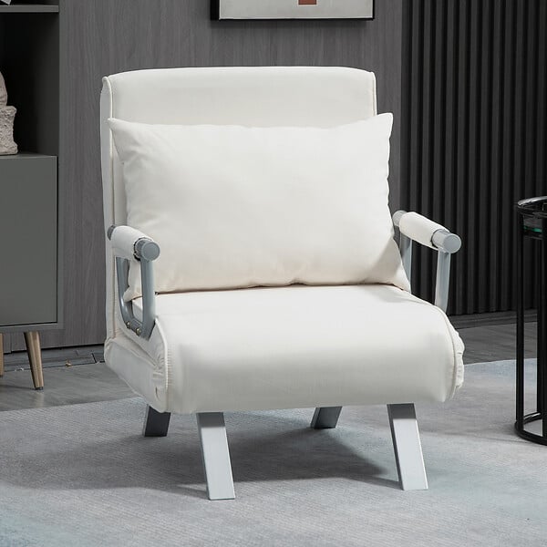 HOMCOM - Fauteuil chauffeuse canapé-lit convertible 1 place déhoussable grand confort coussin pieds accoudoirs métal suède crème - large