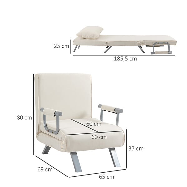 HOMCOM - Fauteuil chauffeuse canapé-lit convertible 1 place déhoussable grand confort coussin pieds accoudoirs métal suède crème - large