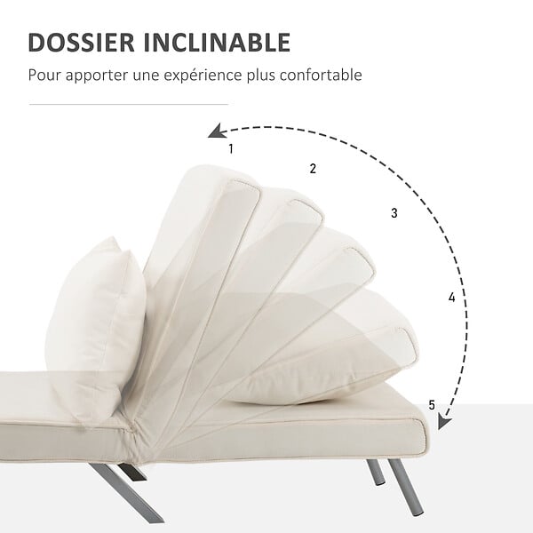 HOMCOM - Fauteuil chauffeuse canapé-lit convertible 1 place déhoussable grand confort coussin pieds accoudoirs métal suède crème - large