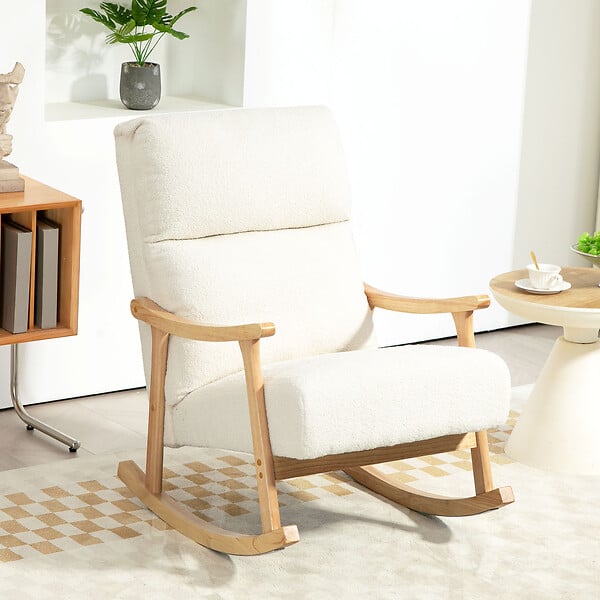 HOMCOM - Fauteuil à bascule style nordique bouclette bois hévéa verni crème - large