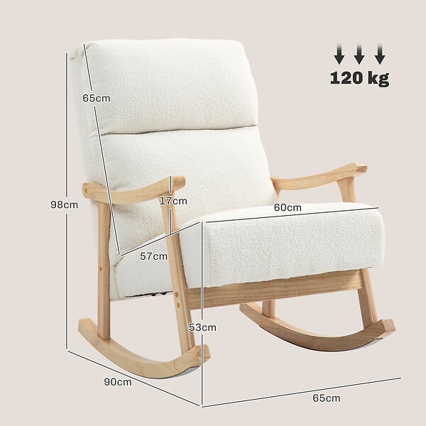 HOMCOM - Fauteuil à bascule style nordique bouclette bois hévéa verni crème - large