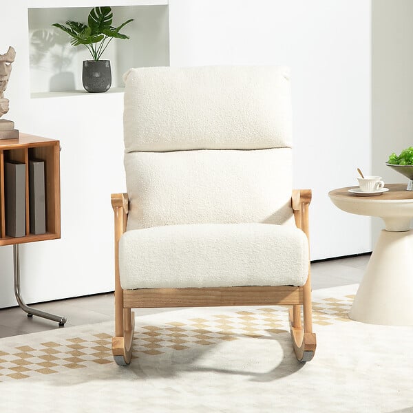 HOMCOM - Fauteuil à bascule style nordique bouclette bois hévéa verni crème - large