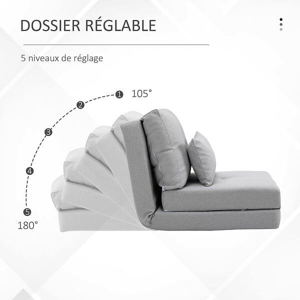 HOMCOM - Fauteuil convertible chauffeuse inclinable - coussin inclus - tissu gris clair - large