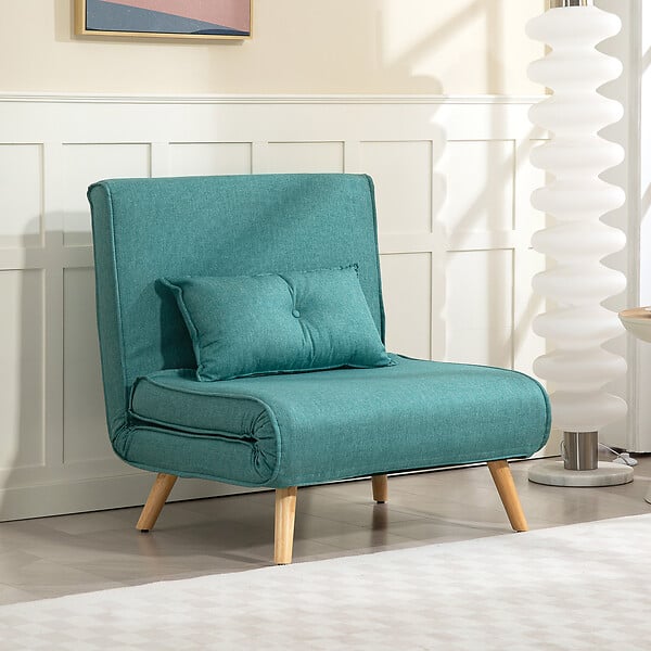 HOMCOM - Fauteuil convertible style nordique - fauteuil lit chaise longue 3 en 1 - dossier inclinable - bois tissu turquoise - large