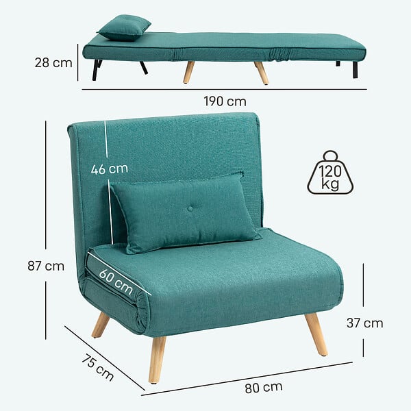 HOMCOM - Fauteuil convertible style nordique - fauteuil lit chaise longue 3 en 1 - dossier inclinable - bois tissu turquoise - large