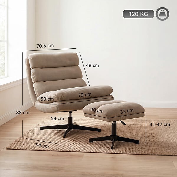 HOMCOM - Fauteuil de salon et repose-pieds style rétro matelassé tissu toucher lin marron - large